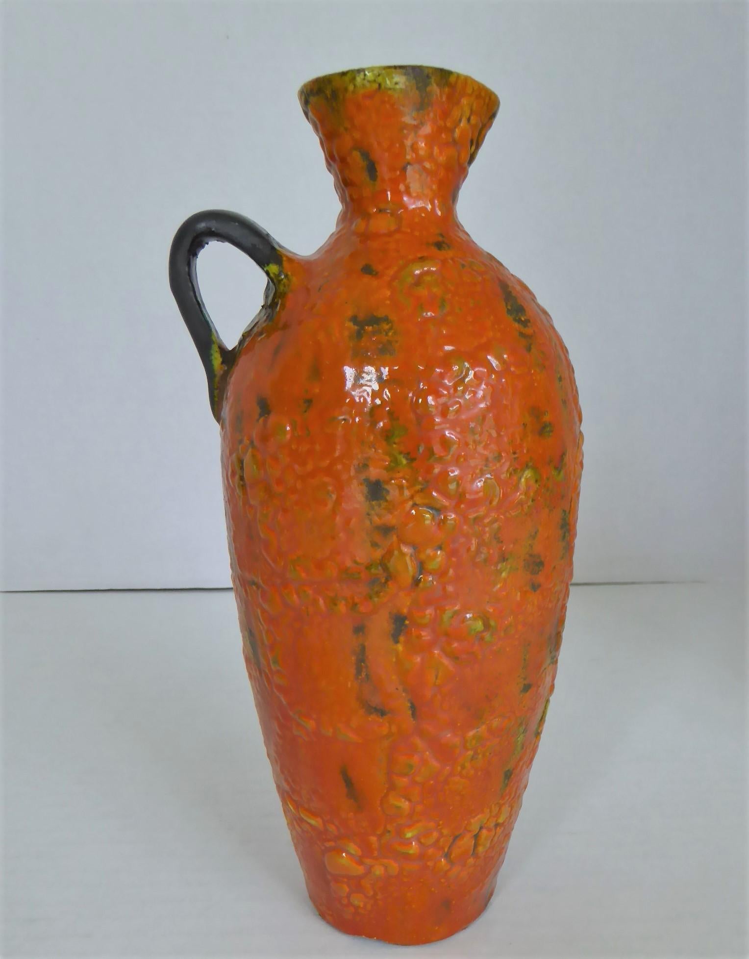 Mid-Century Modern Hungary 60s-70s Heavy Lava Glaze Ceramic Modern Ewer in Bright Orange