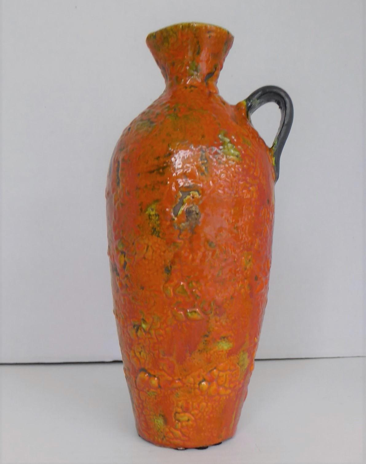 Glazed Hungary 60s-70s Heavy Lava Glaze Ceramic Modern Ewer in Bright Orange