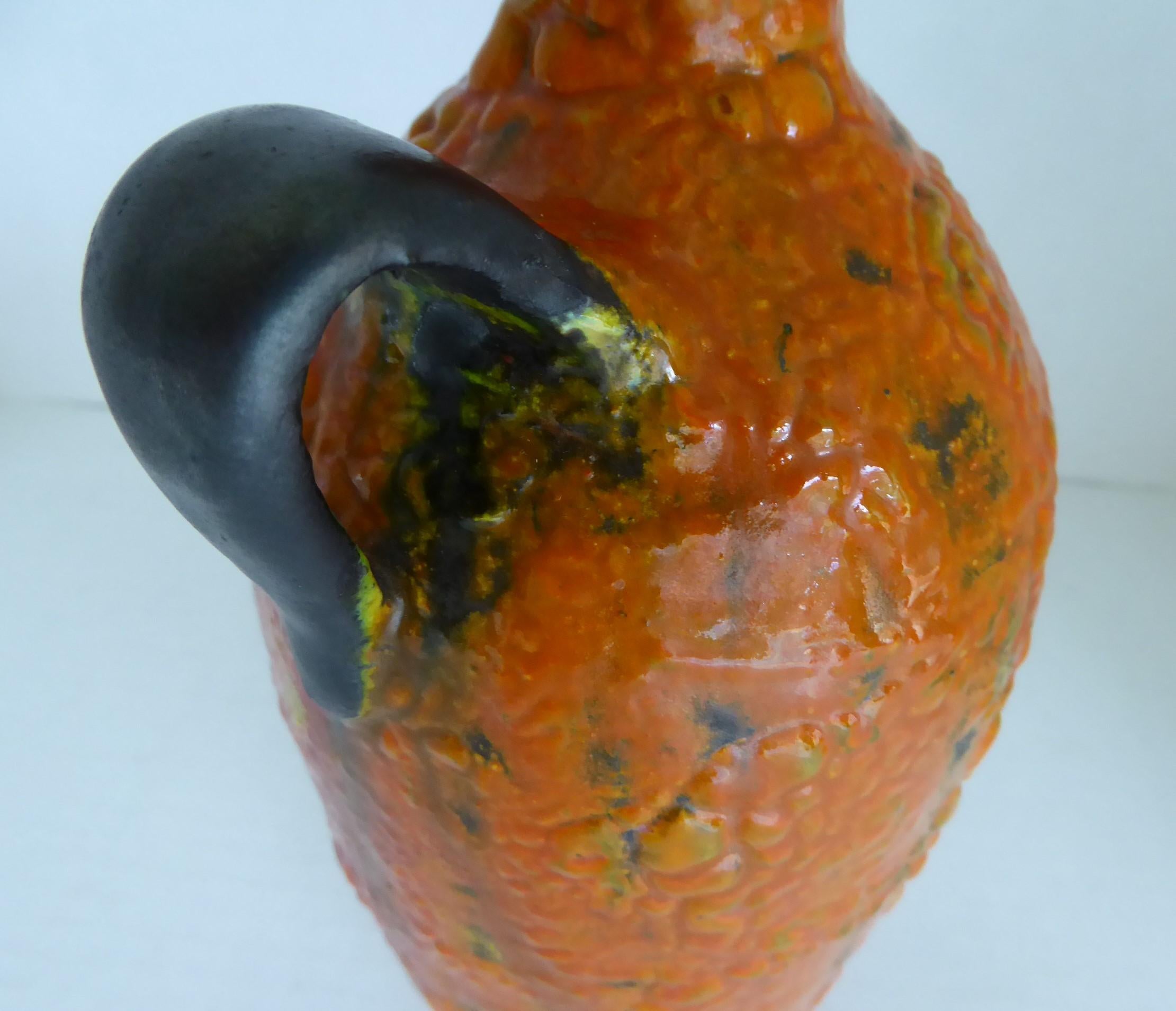 Hungary 60s-70s Heavy Lava Glaze Ceramic Modern Ewer in Bright Orange In Good Condition In Miami, FL