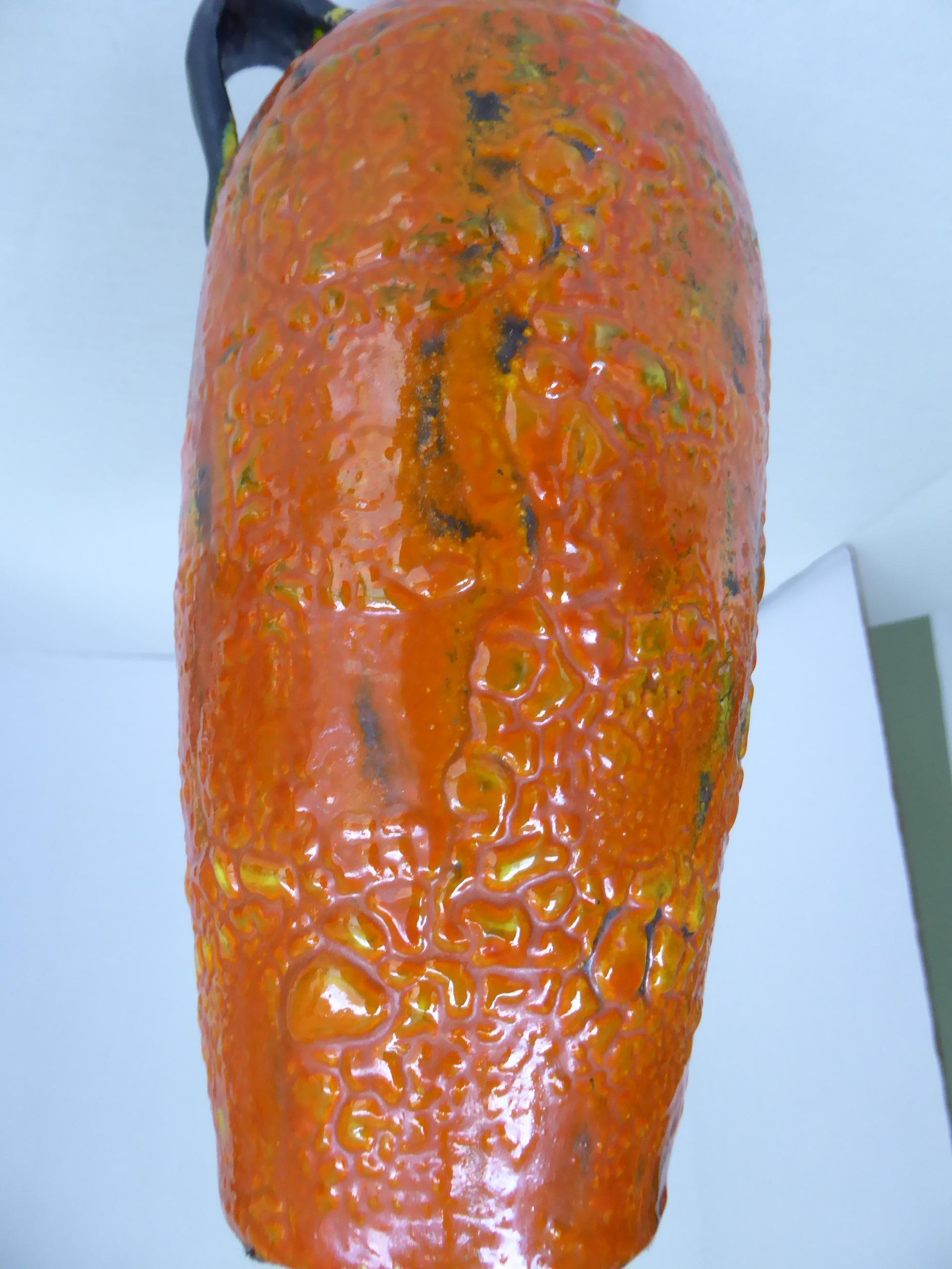 Late 20th Century Hungary 60s-70s Heavy Lava Glaze Ceramic Modern Ewer in Bright Orange