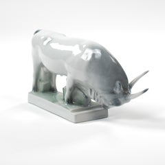 Hungary Mid-Century Porcelain Bull in Soft Light Grey-Green Colors by Zsolnay