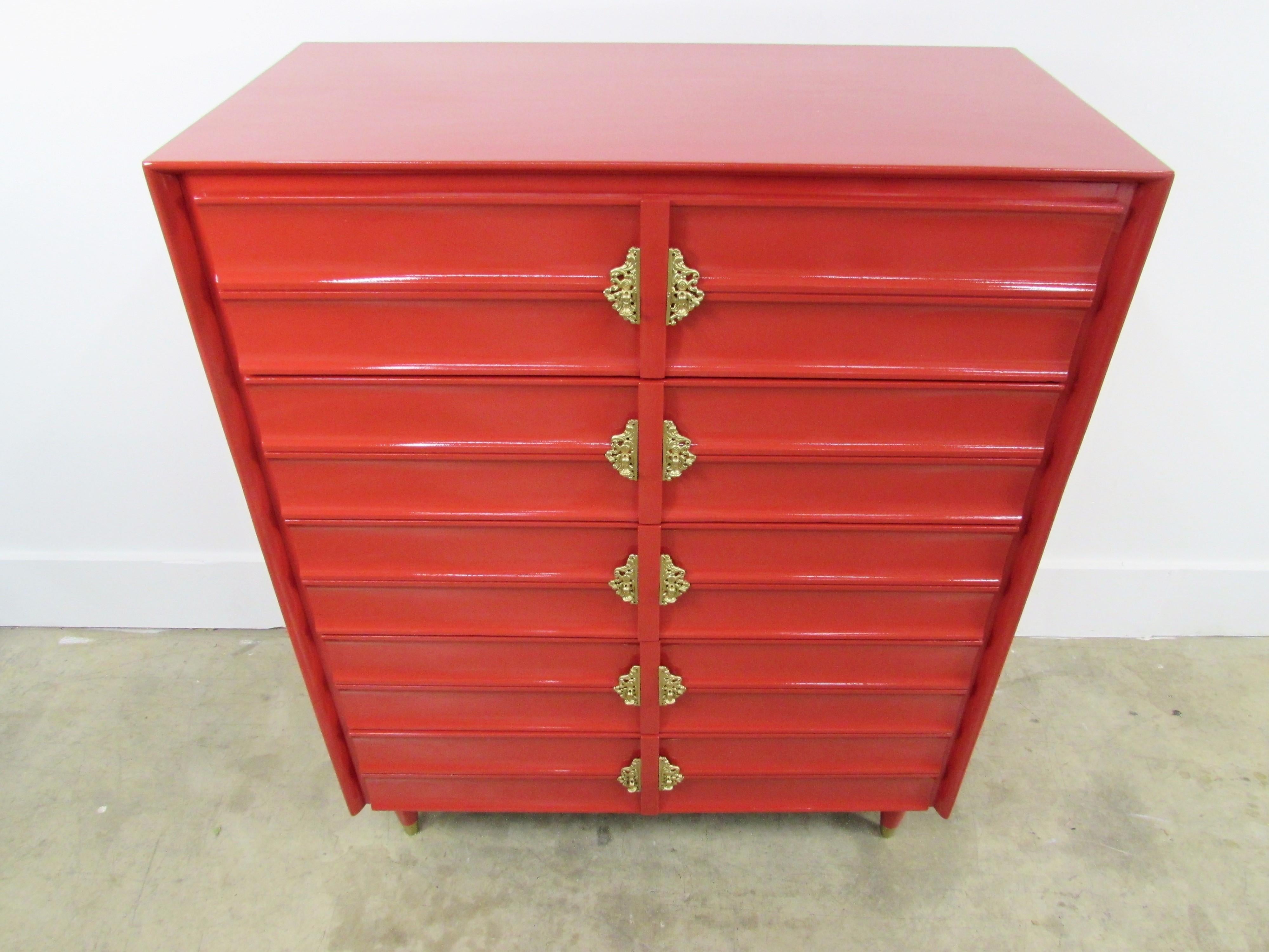 Brass Hungerford Rave Red Lacquered Five-Drawer Chest For Sale