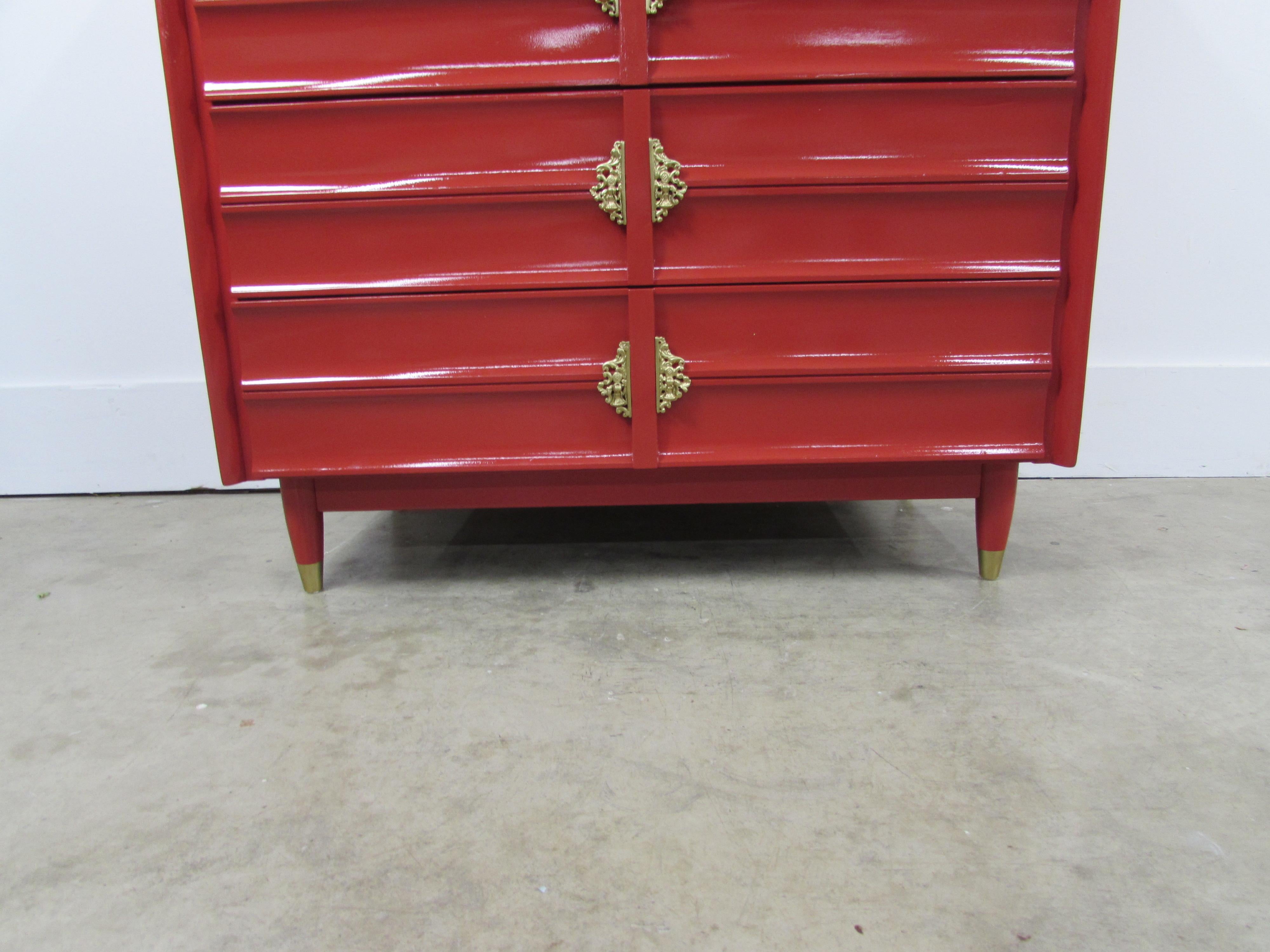 Gilt Hungerford Rave Red Lacquered Five-Drawer Chest For Sale