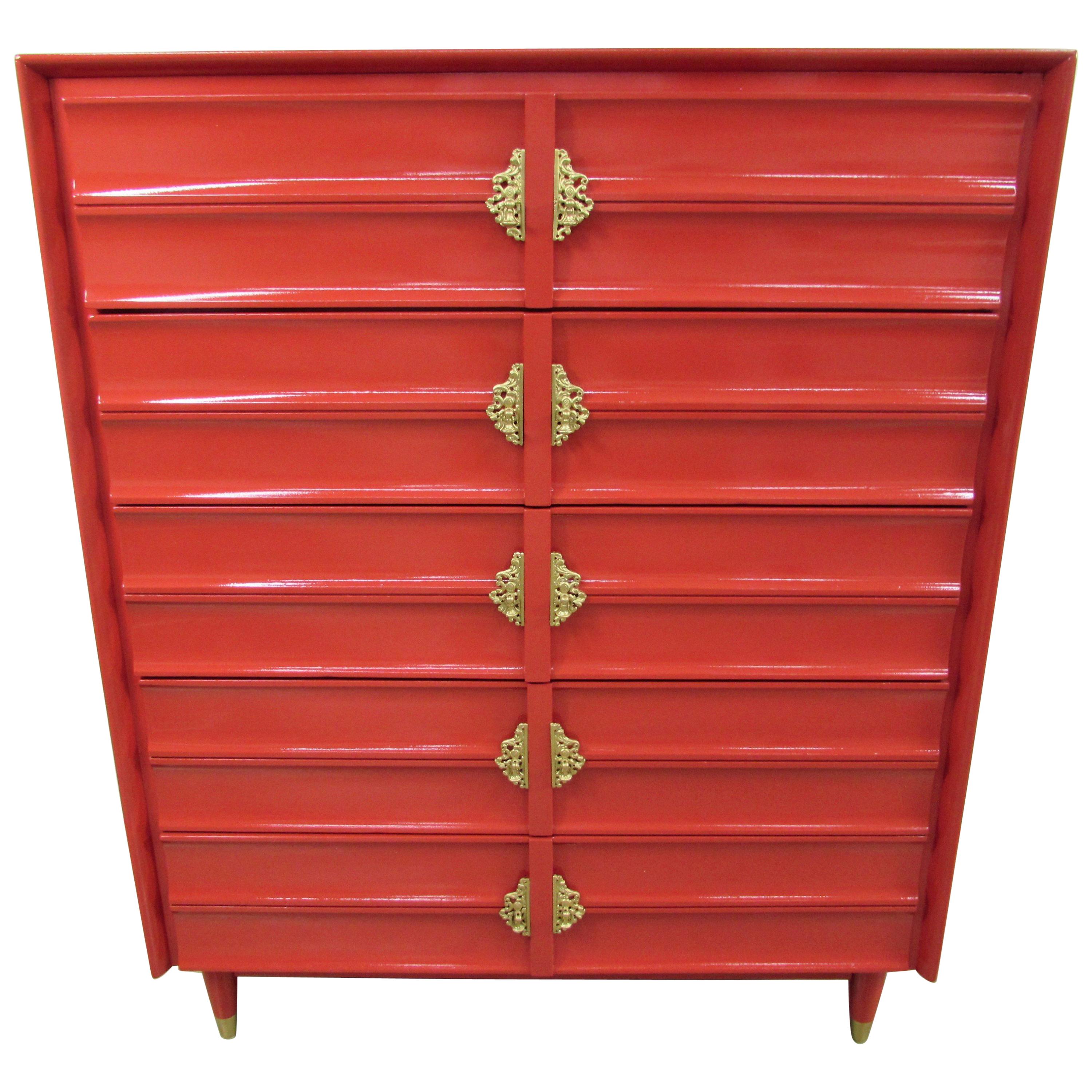 Hungerford Rave Red Lacquered Five-Drawer Chest For Sale