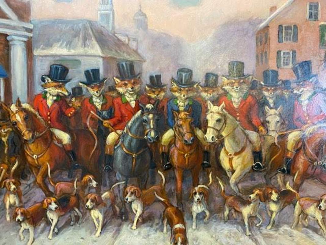 Hunt foxes on parade in Middleburg, Virginia. Incredible details of animated hunt foxes riding horseback through the middle of town with their hounds in tow. Original painting by Anthony Barham, United States, 2022
Oil on board. Framed. Measures: