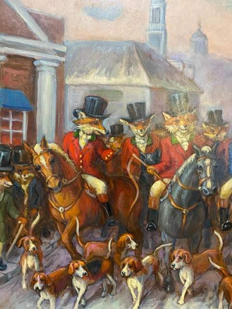Hand-Painted Hunt Foxes on Parade, Original Oil on Board Painting by Anthony Barham, 2022