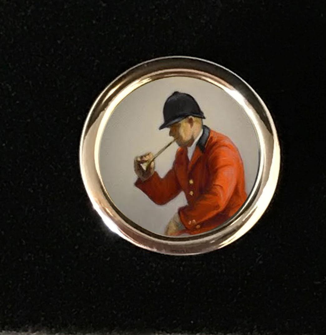 Original miniature oil paintings on ivorine by esteemed miniaturist Beth de Loiselle (United States) of Fox Hunting themes featuring a Fox Hunt Master and Fox encased in bespoke sterling silver solid back cufflinks by the master jewelry maker Paul