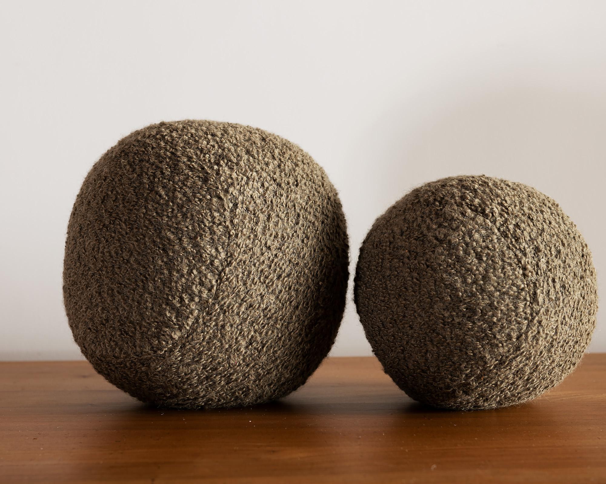 A gorgeous large sphere pillow, beautifully executed by our local seamstress in Sandra Jordan Prima Alpaca Boucle in Barley. A Hunt Modern exclusive, this form will energize your living room or bedroom. Measures 10-11