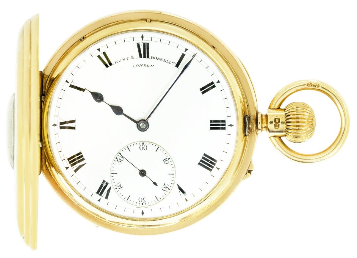 Hunt & Roskell. A Heavy 18ct Yellow Gold Keyless Lever Half Hunter Pocket Watch C190.


Dial: The superb white enamel dial, Roman numerals outer minute track and subsidiary seconds dial at six o'clock. The dial is interestingly signed between eleven