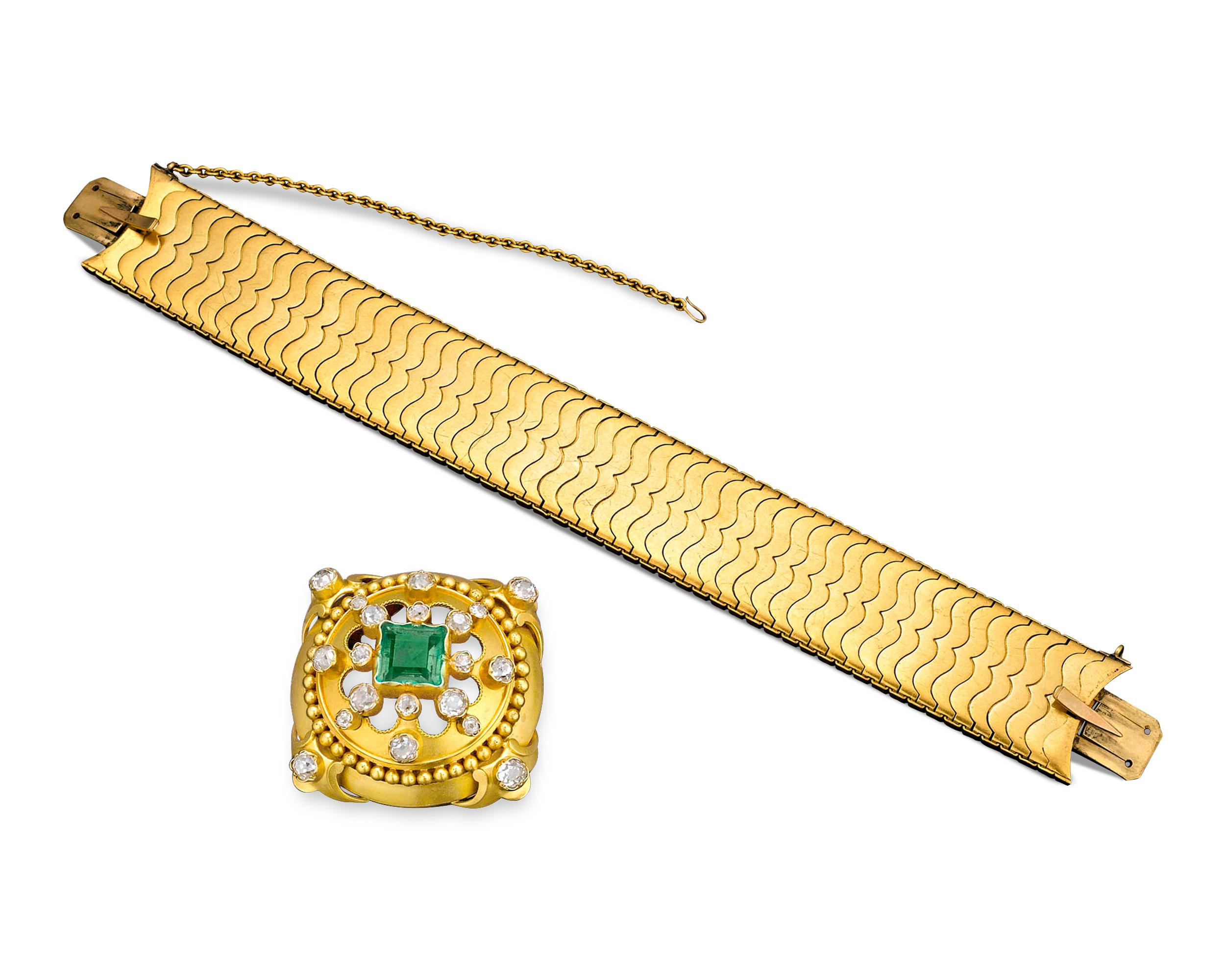 A truly splendid example of Victorian jewelry, this outstanding bracelet by Hunt & Roskell is a tour-de-force of 19th-century design. Bold and dynamic, this bracelet is comprised of a pierced central medallion that glows thanks to a square step-cut
