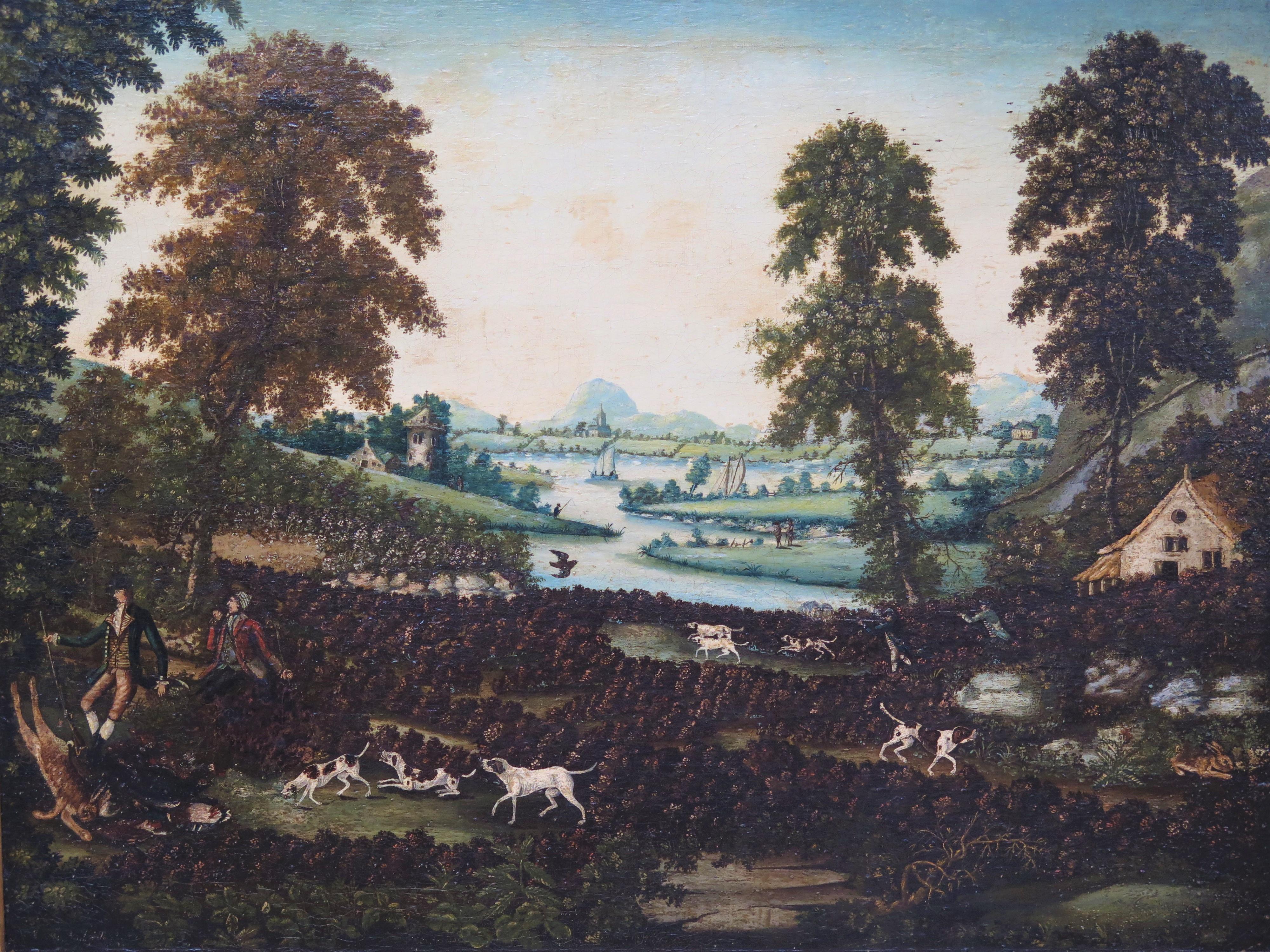 Scène de chasse anglaise encadrée de la fin du XVIIIe siècle, huile sur toile,  Deux hommes se reposent alors qu'ils chassent de gros lièvres/lapins avec une meute de chiens courants (en bas à gauche) tandis qu'un autre couple de chasseurs vise leur