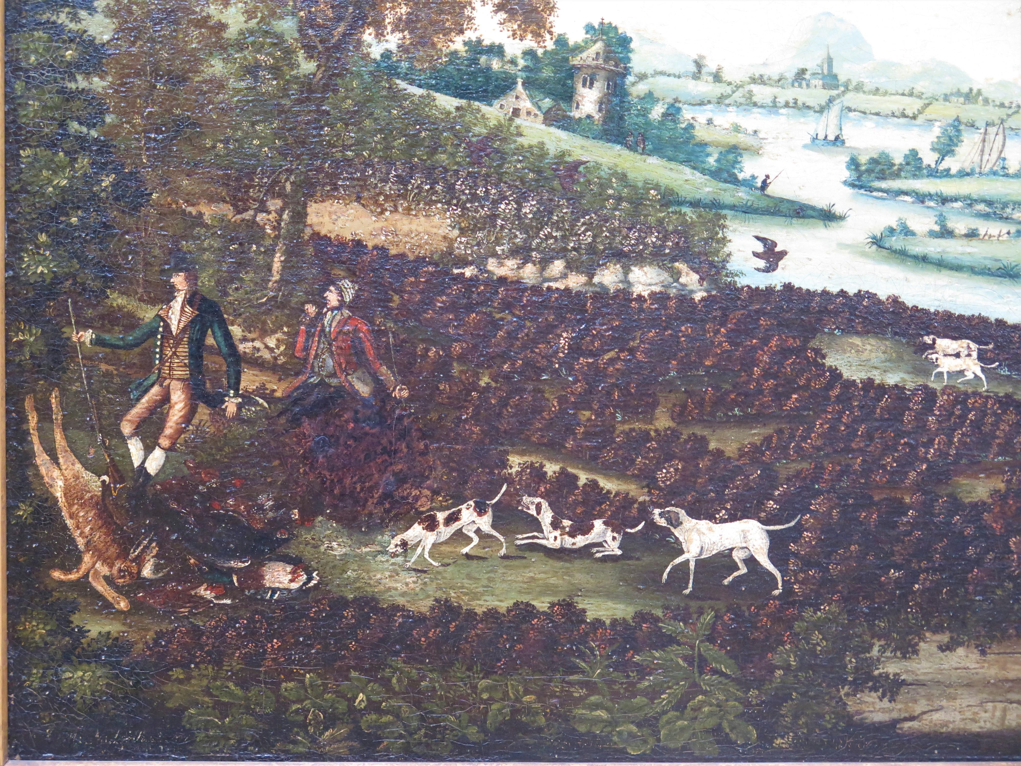 Georgian Hunt Scene with Hounds in an English Country Landscape, Circa 1785 For Sale