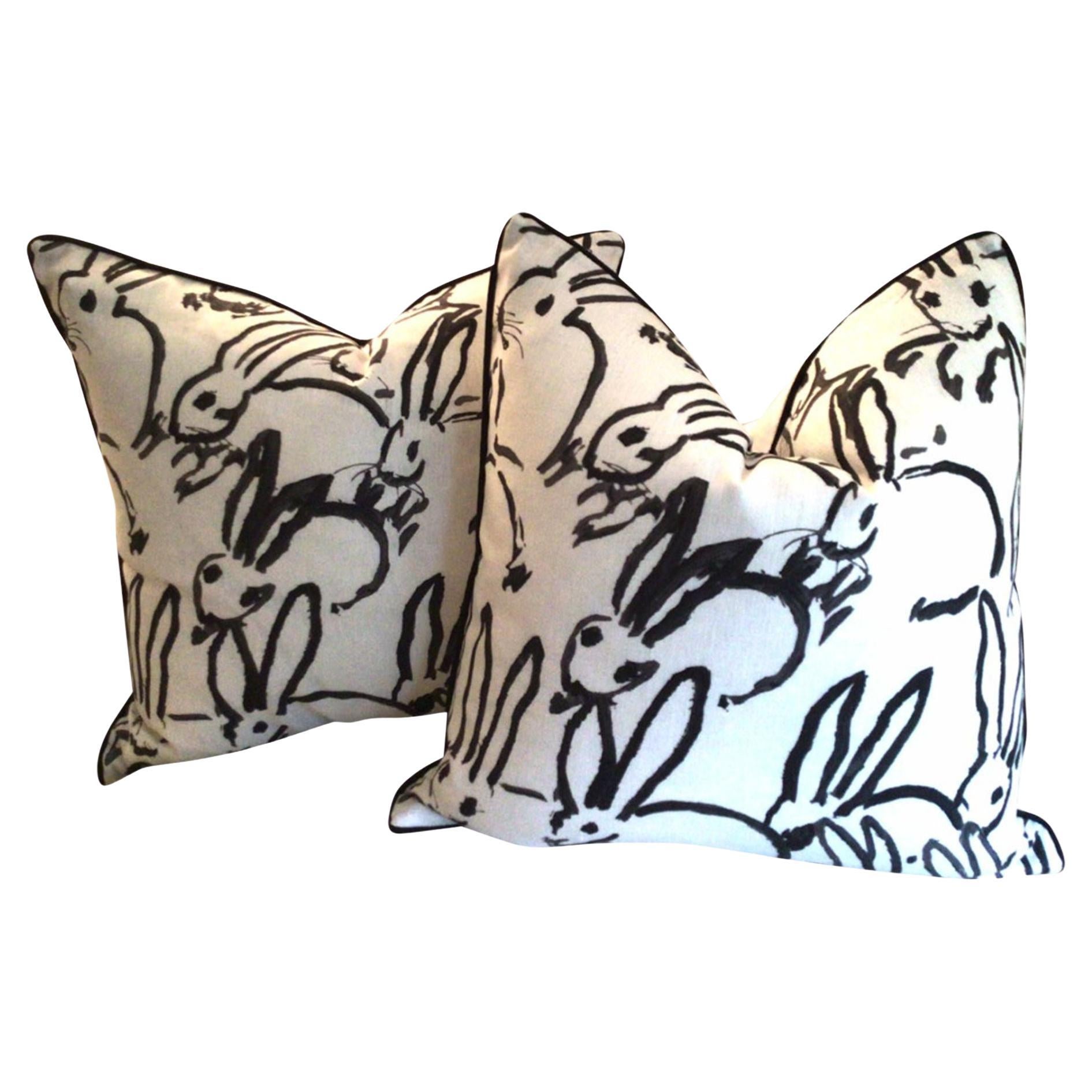 Hunt Slonem "Bunny Hutch" in Black & White Pillows - a Pair For Sale