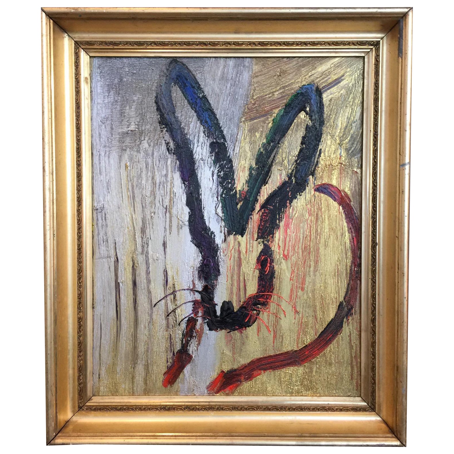 Hunt Slonem Pittura di coniglio metallica firmata - Cornice originale dell'artista