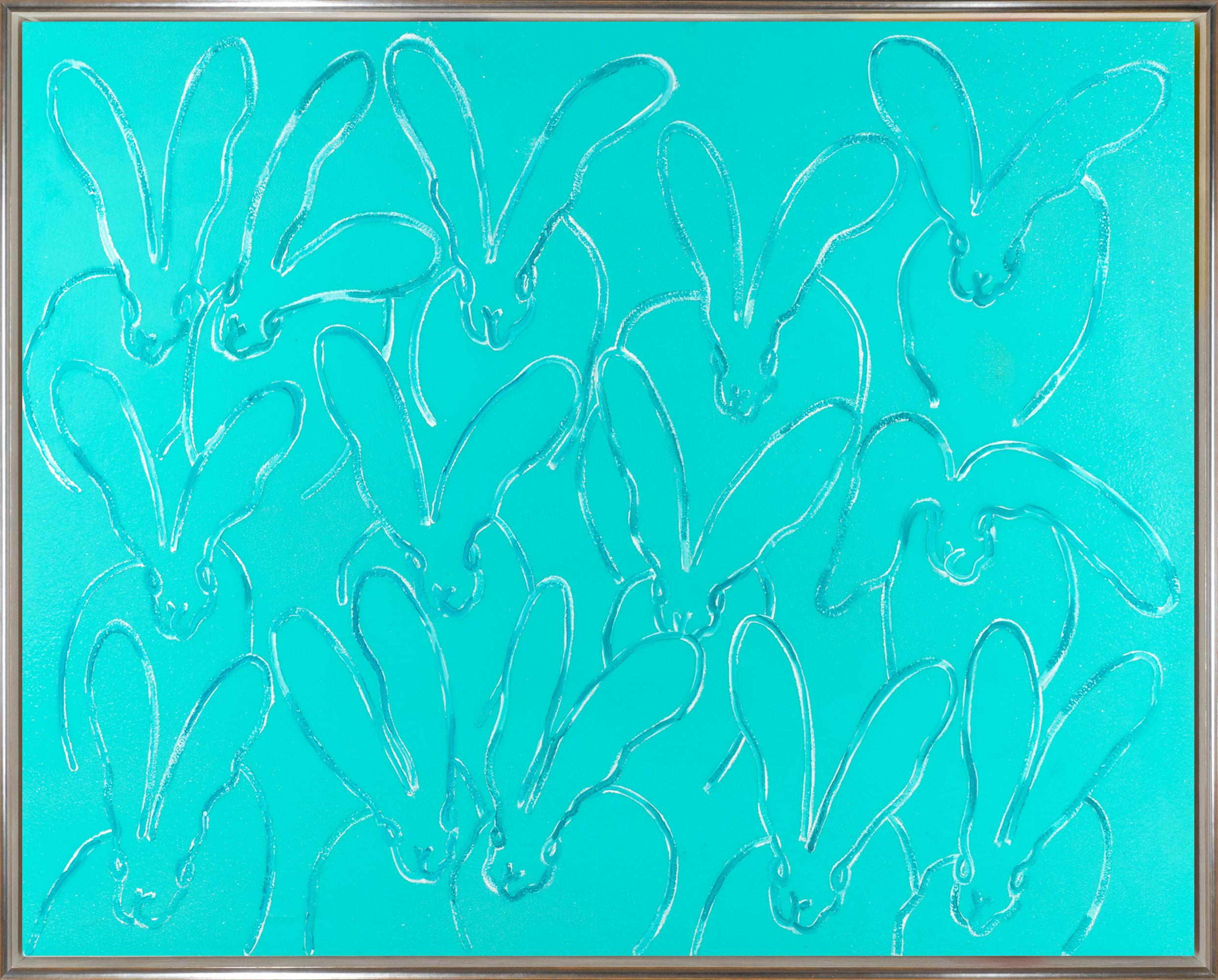 Hunt Slonem "Teal Diamond Dust" Oil and Diamond Dust Painting of Bunnies