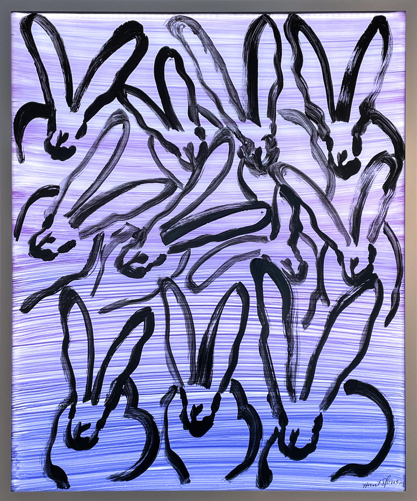 Hunt Slonem LED Lightbox with acrylic painted bunnies and pink and purple ombre. A nearby electrical outlet is required for installation.

Inspired by nature and his 60 pet birds, Hunt Slonem is renowned for his distinct neo- expressionist style. He