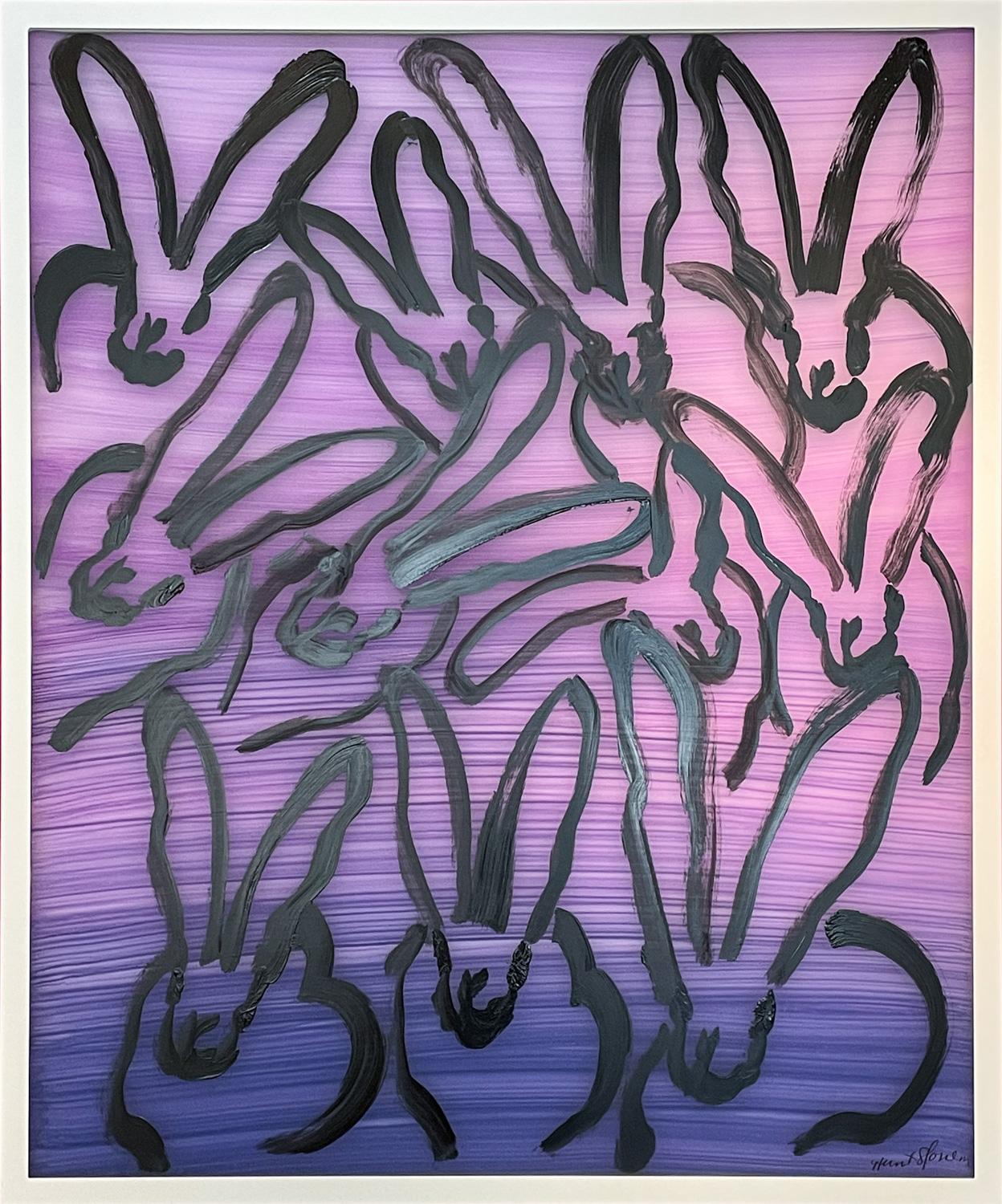 Hunt Slonem "Trio March" Pink and Purple Ombre Lightbox with Painted Bunnies
