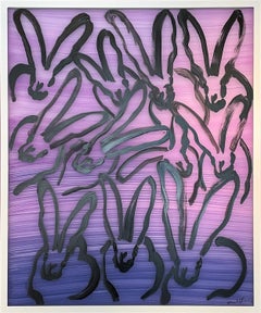 Hunt Slonem "Trio March" Pink and Purple Hombre Lightbox with Painted Bunnies