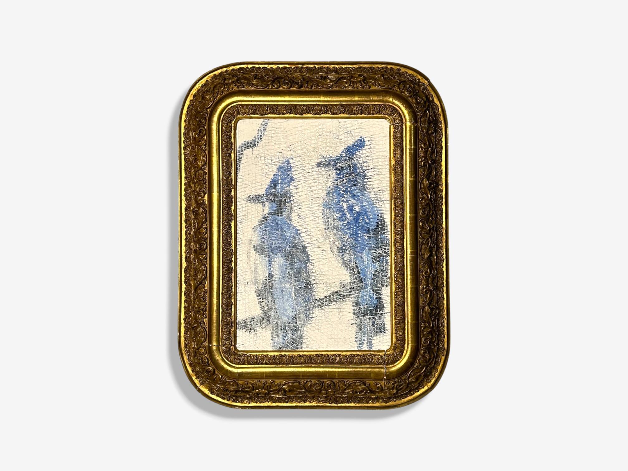Óleo sobre tabla de Hunt Slonem de dos arrendajos místicos, firmado y fechado en el reverso

Un raro y fino óleo original sobre tabla adquirido directamente al artista por un aristócrata de Nueva York. Esta pieza grande e impresionantemente