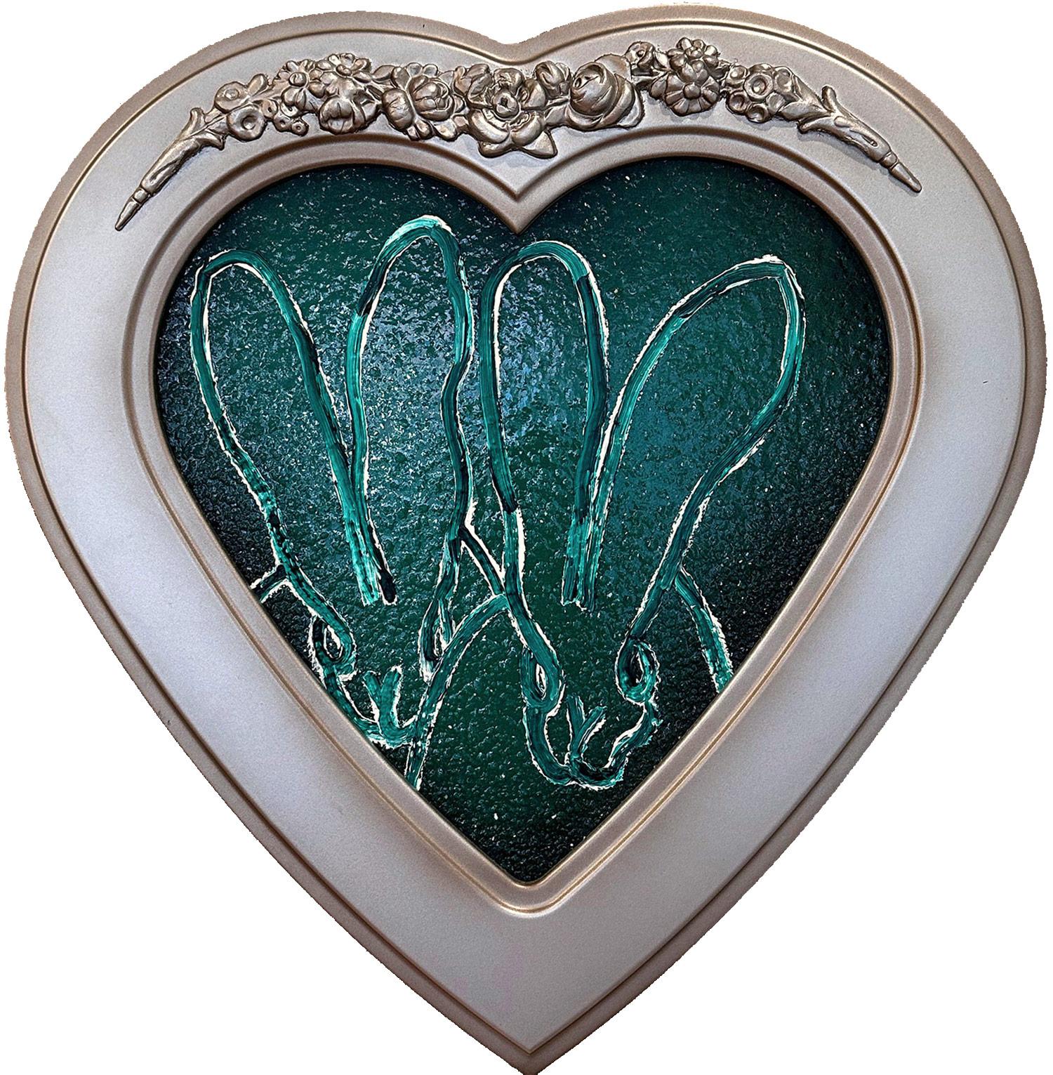 Hunt Slonem Abstract Painting - "2 in Green Diamond Heart" Heart Shaped Diamond Dust Double Bunny Oil Painting