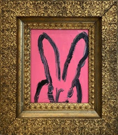 "21" Black Outline Bunny on Wild Orchid Pink Background Oil Painting Framed
