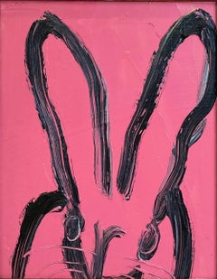 "21" Coniglietto dai contorni neri su sfondo rosa orchidea selvatica Pittura ad olio con cornice