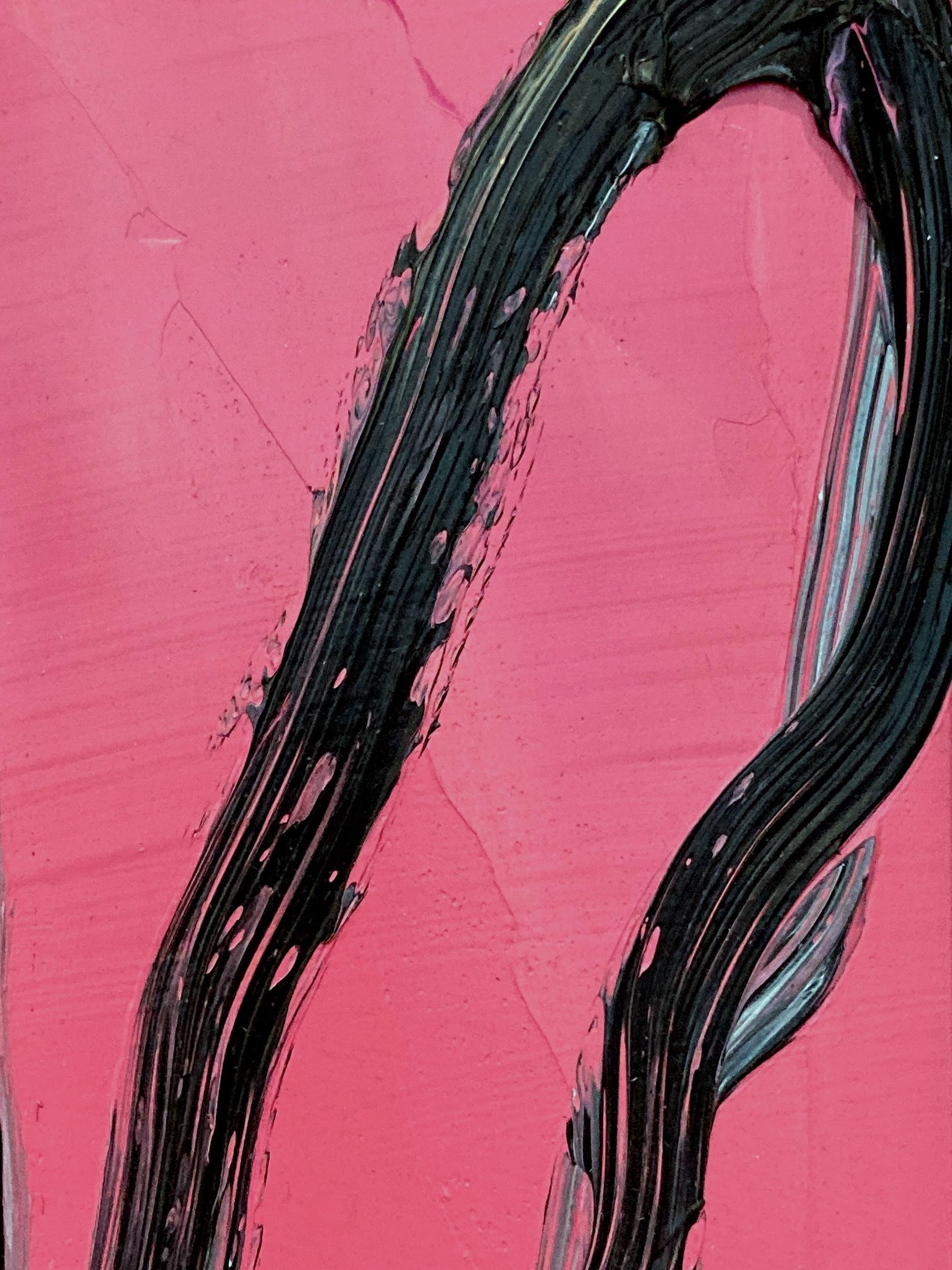 Eine wunderbare Komposition eines der ikonischsten Themen von Slonem, nämlich Hasen. Diese Arbeit zeigt eine gestische Figur eines schwarzen Hasen auf einem Hintergrund in Wild Orchid Pink mit dickem Farbauftrag. Es ist in einem wunderschönen