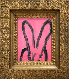 "21" Black Outline Bunny on Wild Orchid Pink Background Oil Painting Framed