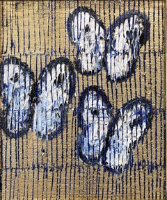 "3 Cabbage" Blue and White Butterflies on Gold Background Oil Paint with Scoring