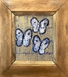 "3 Cabbage" Blue and White Butterflies on Gold Background with Scoring 