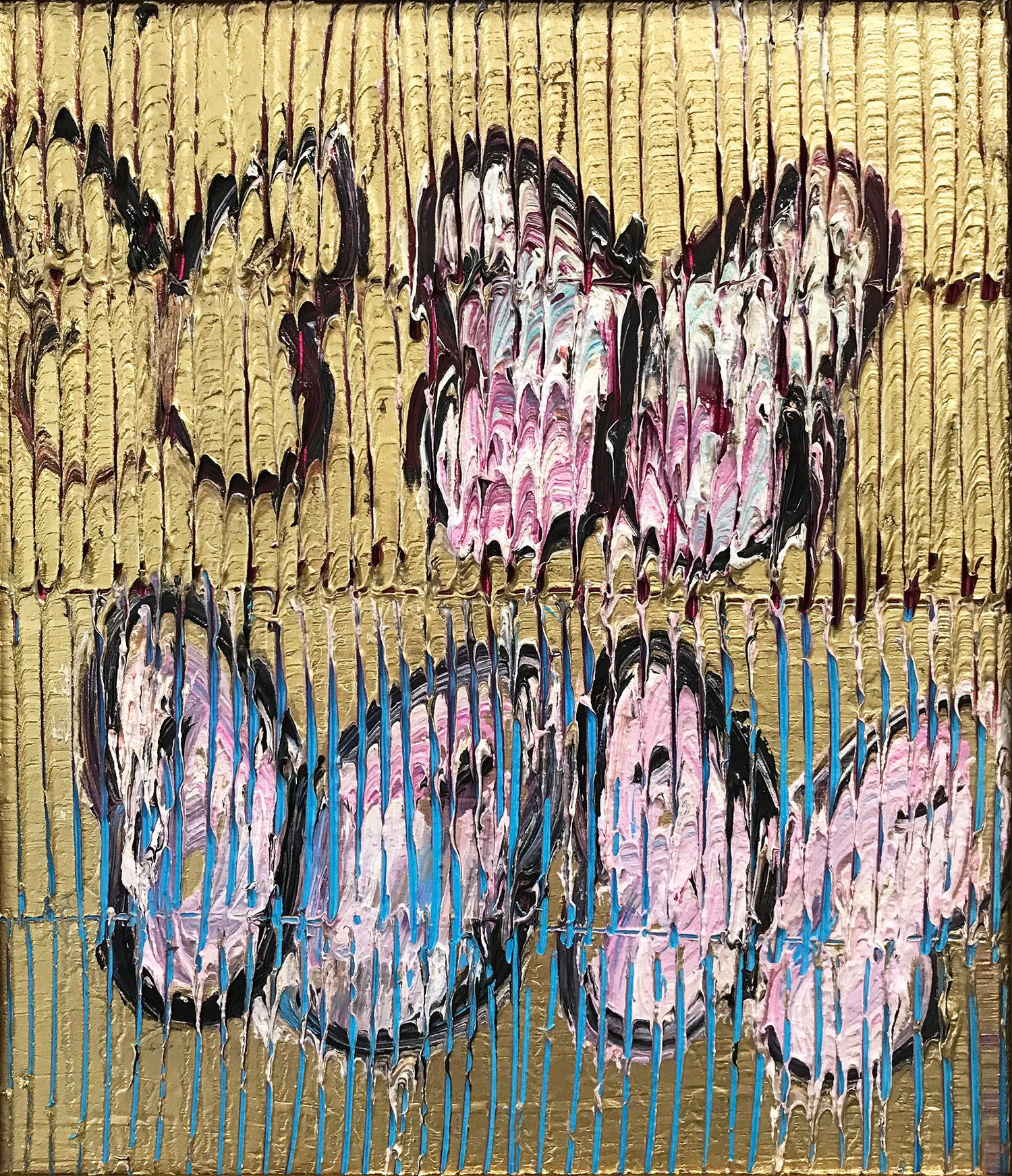 4 Butterflies (Butterflies on Gold Background with Scoring) Oil on Wood Panel - Painting by Hunt Slonem