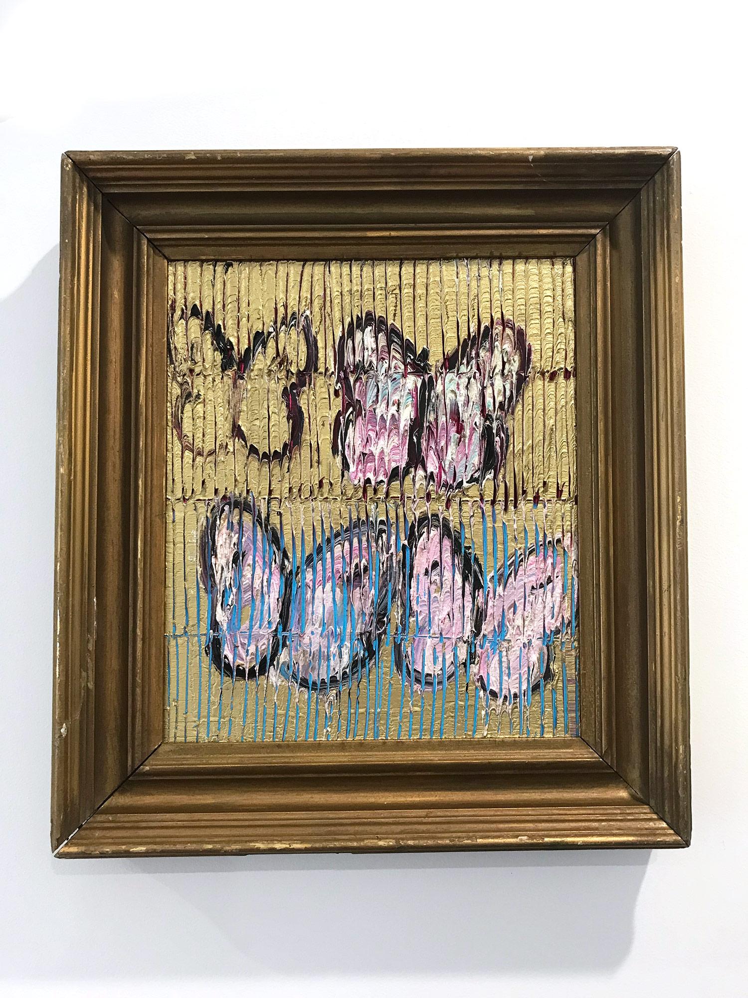 A wonderful composition of one of Slonem's most iconic subjects, Butterflies. This piece depicts delicate butterflies in ascension placed in a wonderful blue and silver landscape. Slonem traces his famous crosshatch details throughout the piece,
