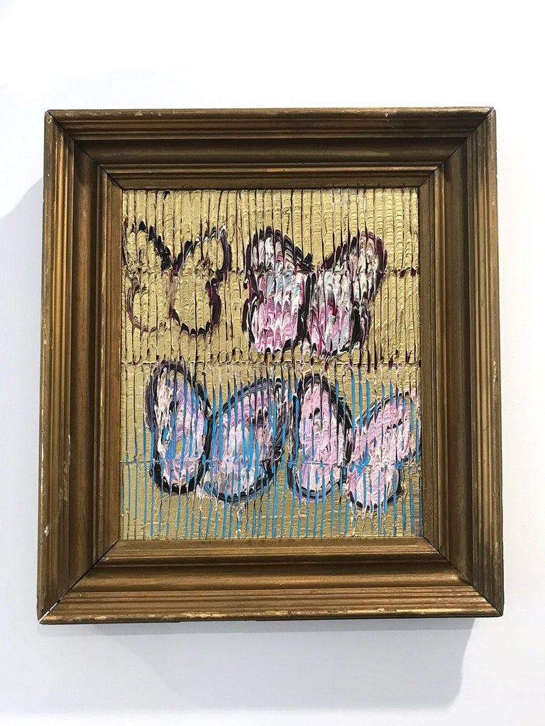 4 Butterflies (Butterflies on Gold Background with Scoring) Oil on Wood Panel For Sale 3
