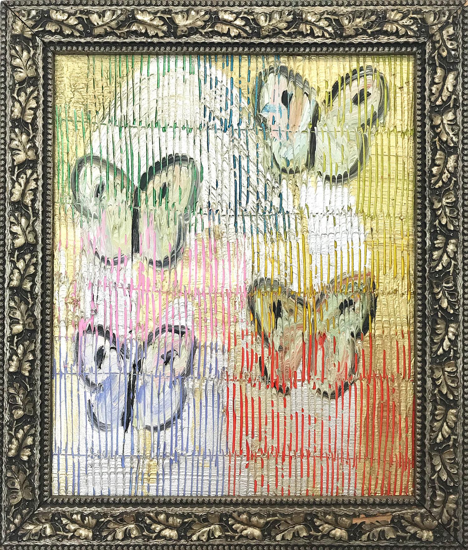 Hunt Slonem Animal Painting - "4 Flys" (Multicolor Butterflies on Gold Background Scoring) Oil on Wood