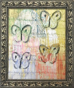 "4 Flys" (Multicolor Butterflies on Gold Background Scoring) Oil on Wood