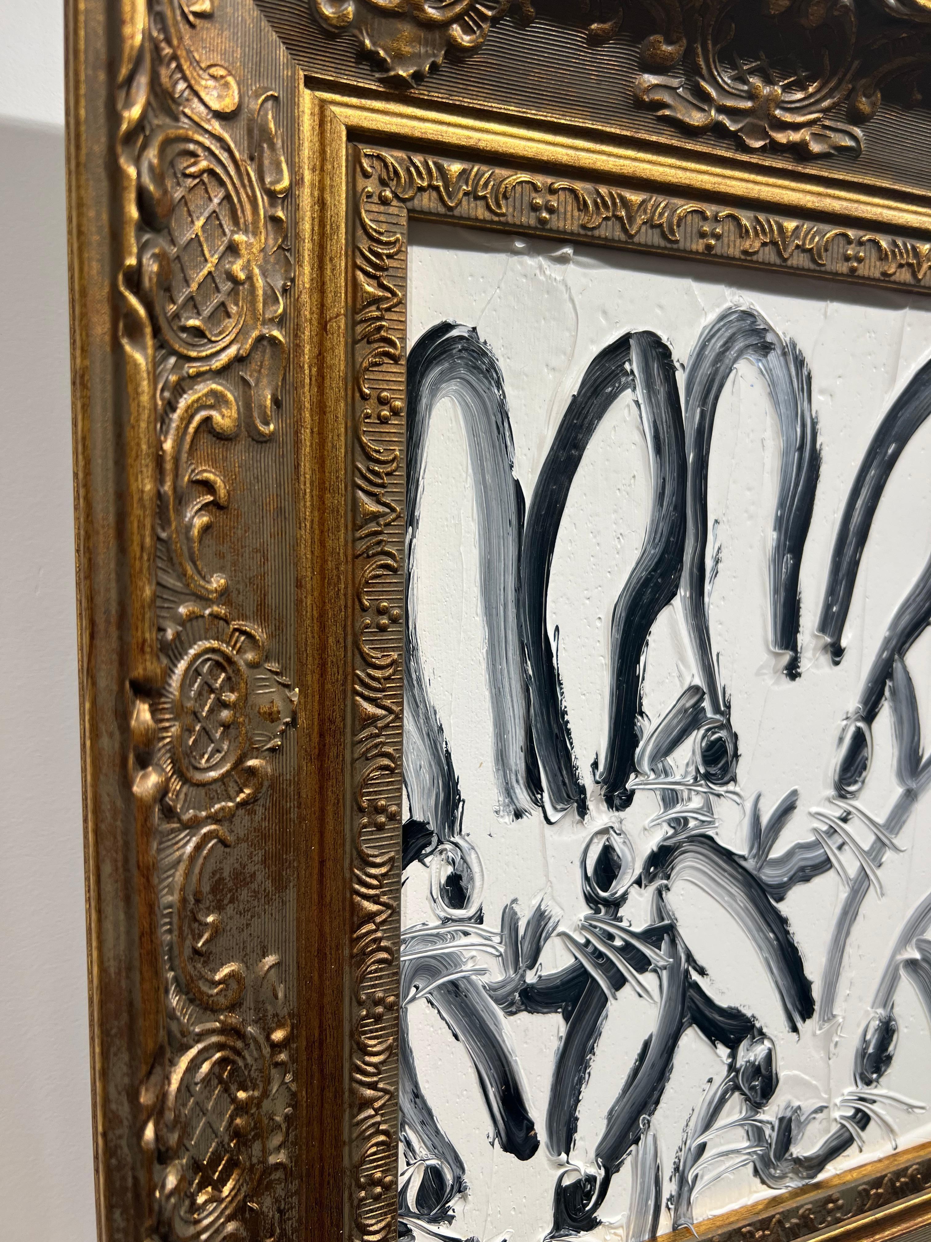 Original and unique artwork by Hunt Slonem.
Oil on wood, four bunnies bunnies.

Painting is framed, as seen in the images. Dimensions of the artwork with the frame: 14.5 x 12.5 inches I 40,64 x 35,56 cm
Signed Verso
Please note that Hunt Slonem