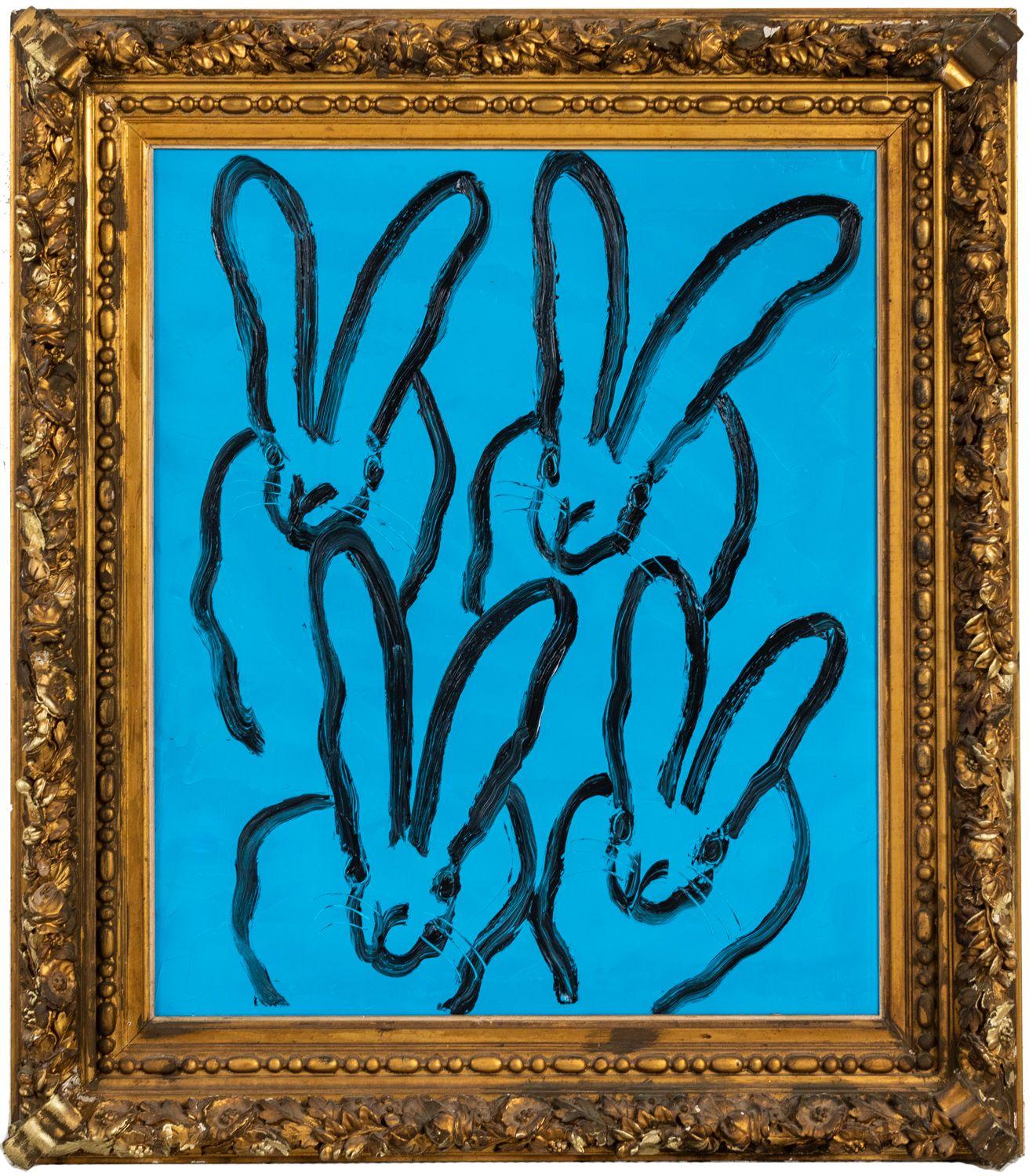 Hunt Slonem Animal Painting - 4 in Blue "Bunny Painting" Original Oil Painting in Ornate Gold Vintage Frame