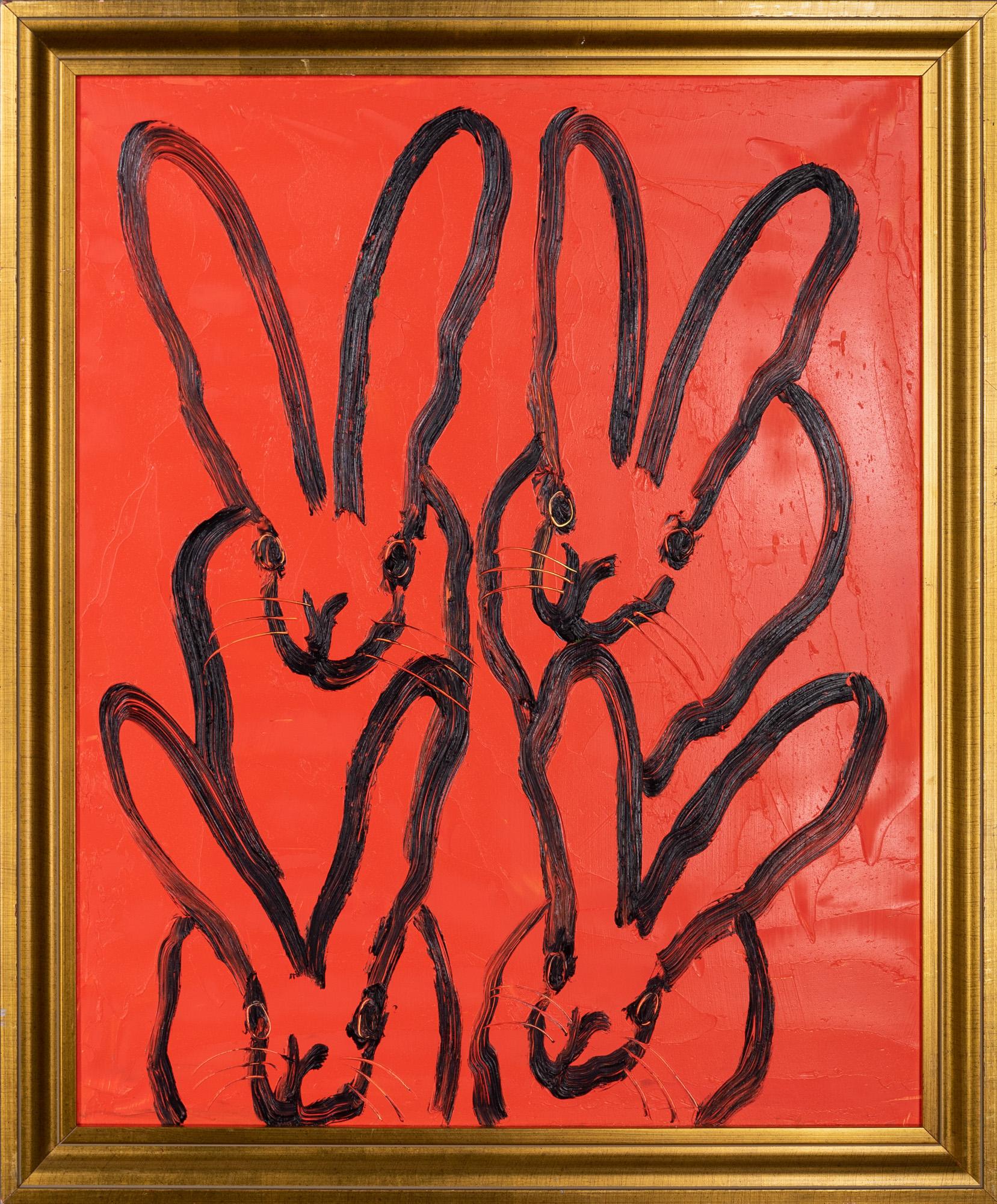 Hunt Slonem "4 Play Barcelona" Contemporary Bunnies Oil on Wood Framed Painting