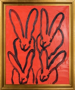 Hunt Slonem "4 Play Barcelona" Red Background with Black Bunnies