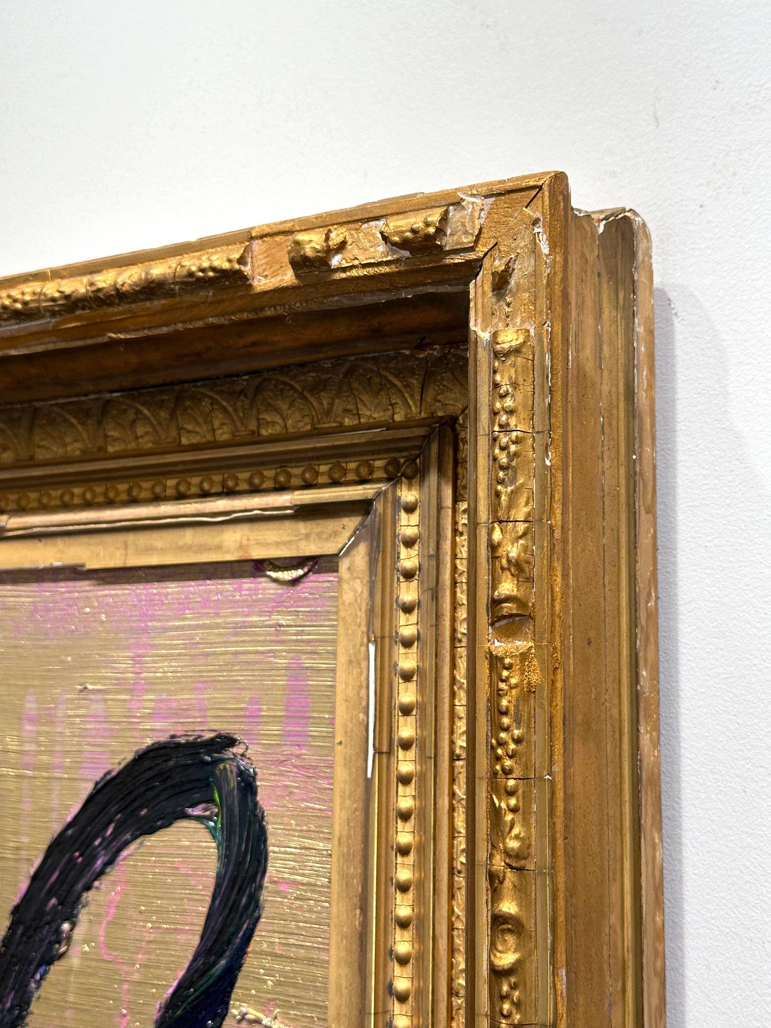 „4 Play More“ Schwarze Hasen auf goldenem Hintergrund mit rosa Akzenten Öl auf Holz im Angebot 9