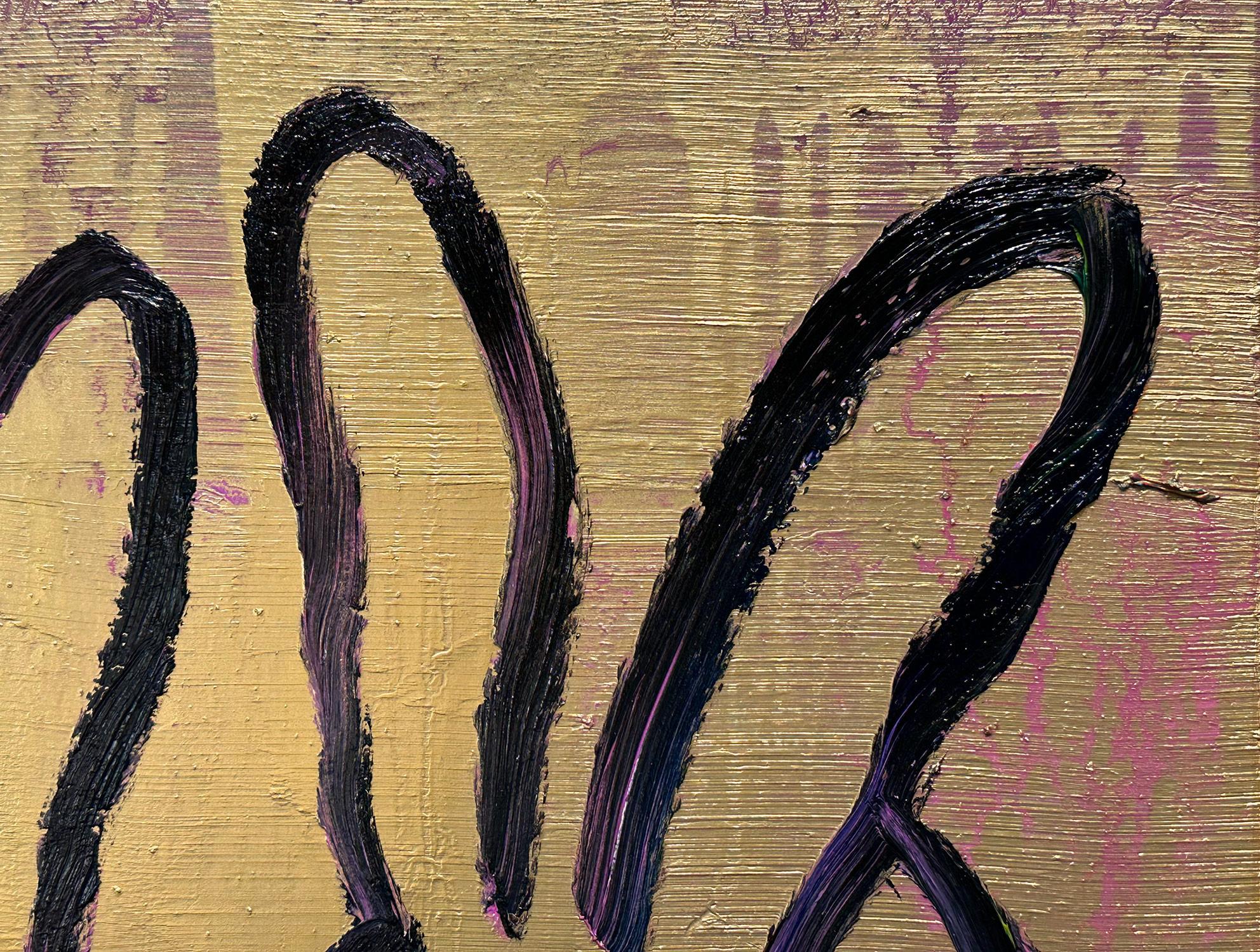 „4 Play More“ Schwarze Hasen auf goldenem Hintergrund mit rosa Akzenten Öl auf Holz im Angebot 4