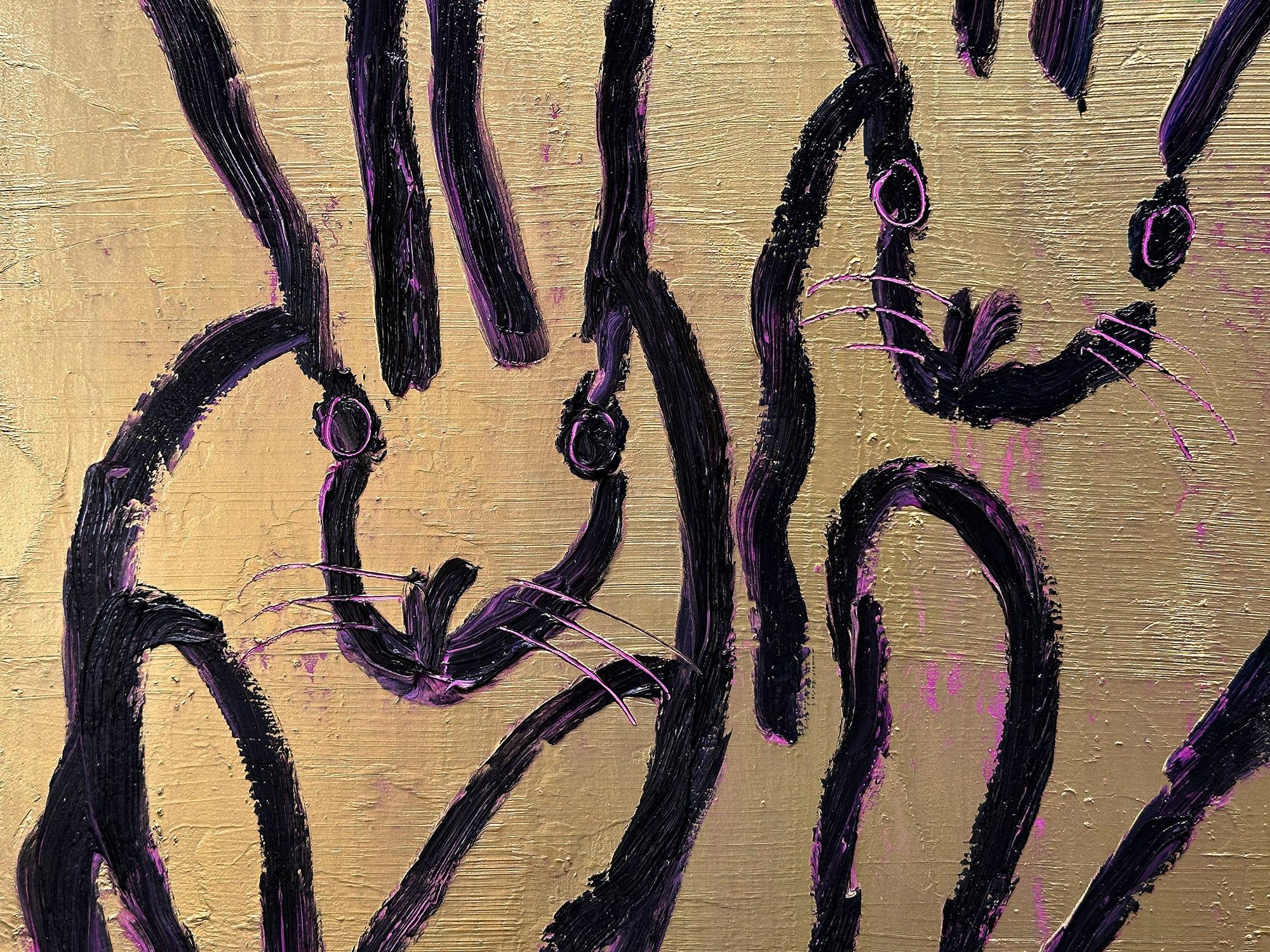 „4 Play More“ Schwarze Hasen auf goldenem Hintergrund mit rosa Akzenten Öl auf Holz im Angebot 5