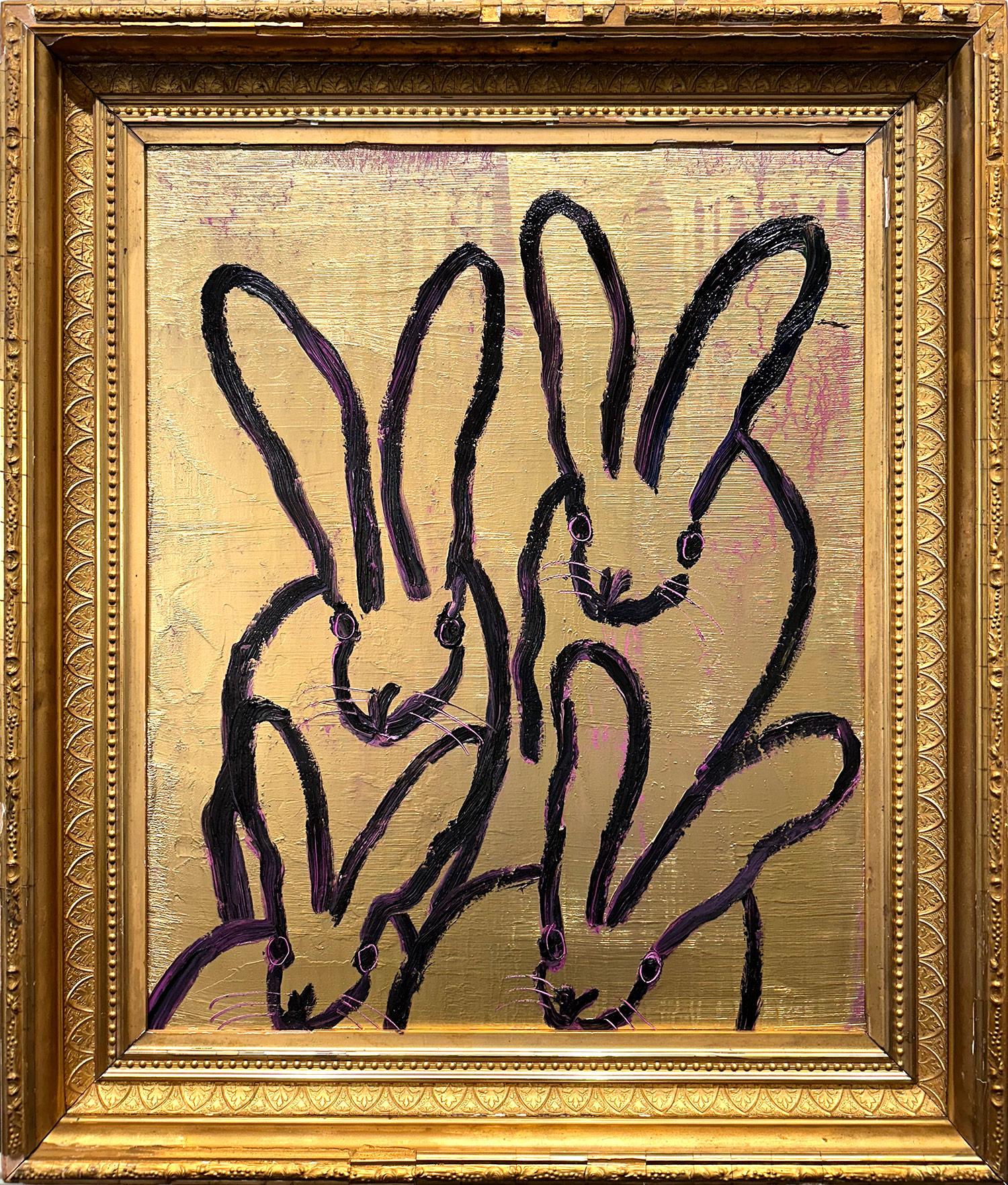 Hunt Slonem Abstract Painting - "4 Play More" Black Bunnies on Gold Background with Pink Accents Oil on Wood