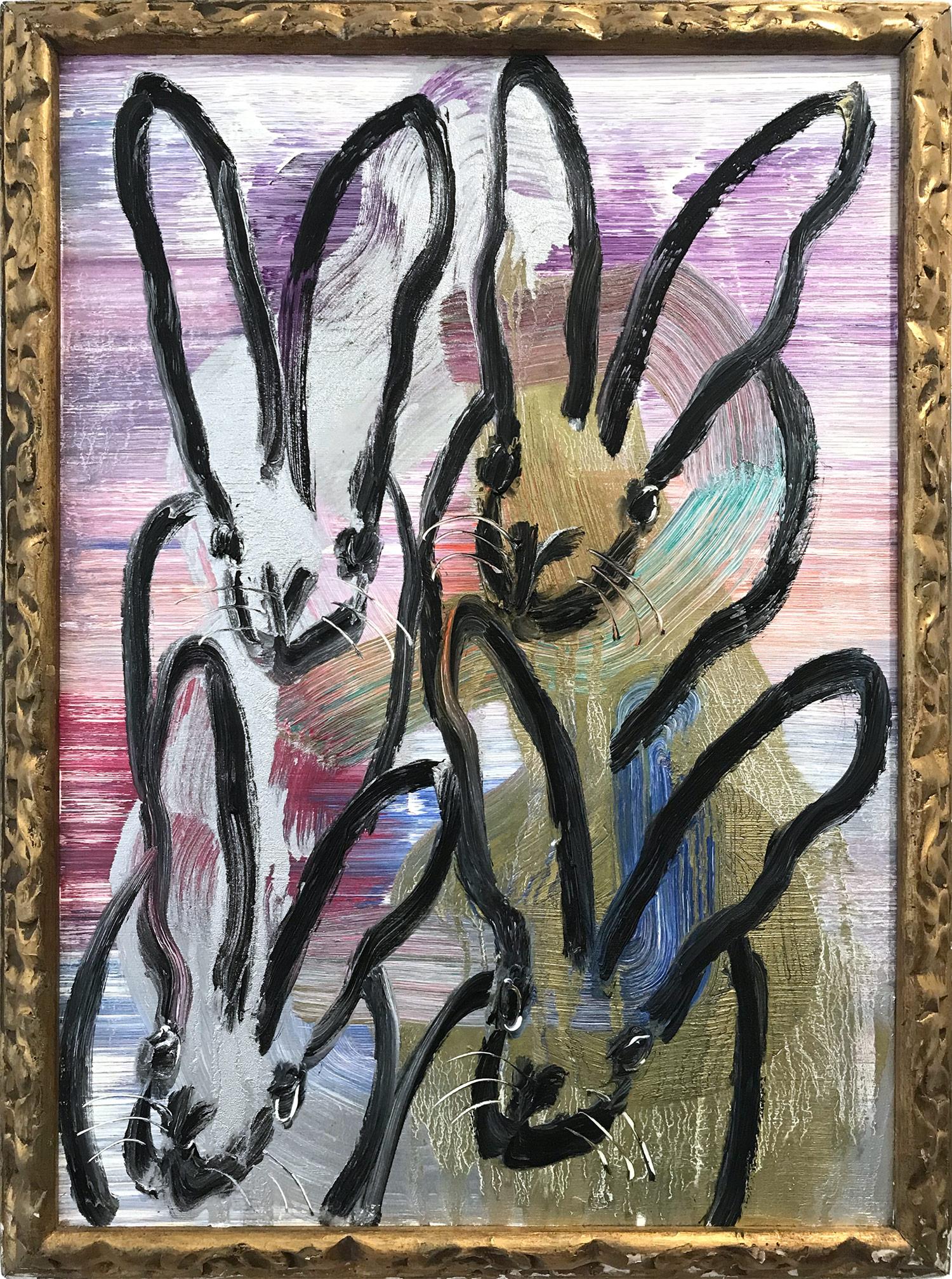 Hunt Slonem Abstract Painting - "4 Ply" (Four Black Bunnies on Gold Silver Multicolor Background) Oil on Wood