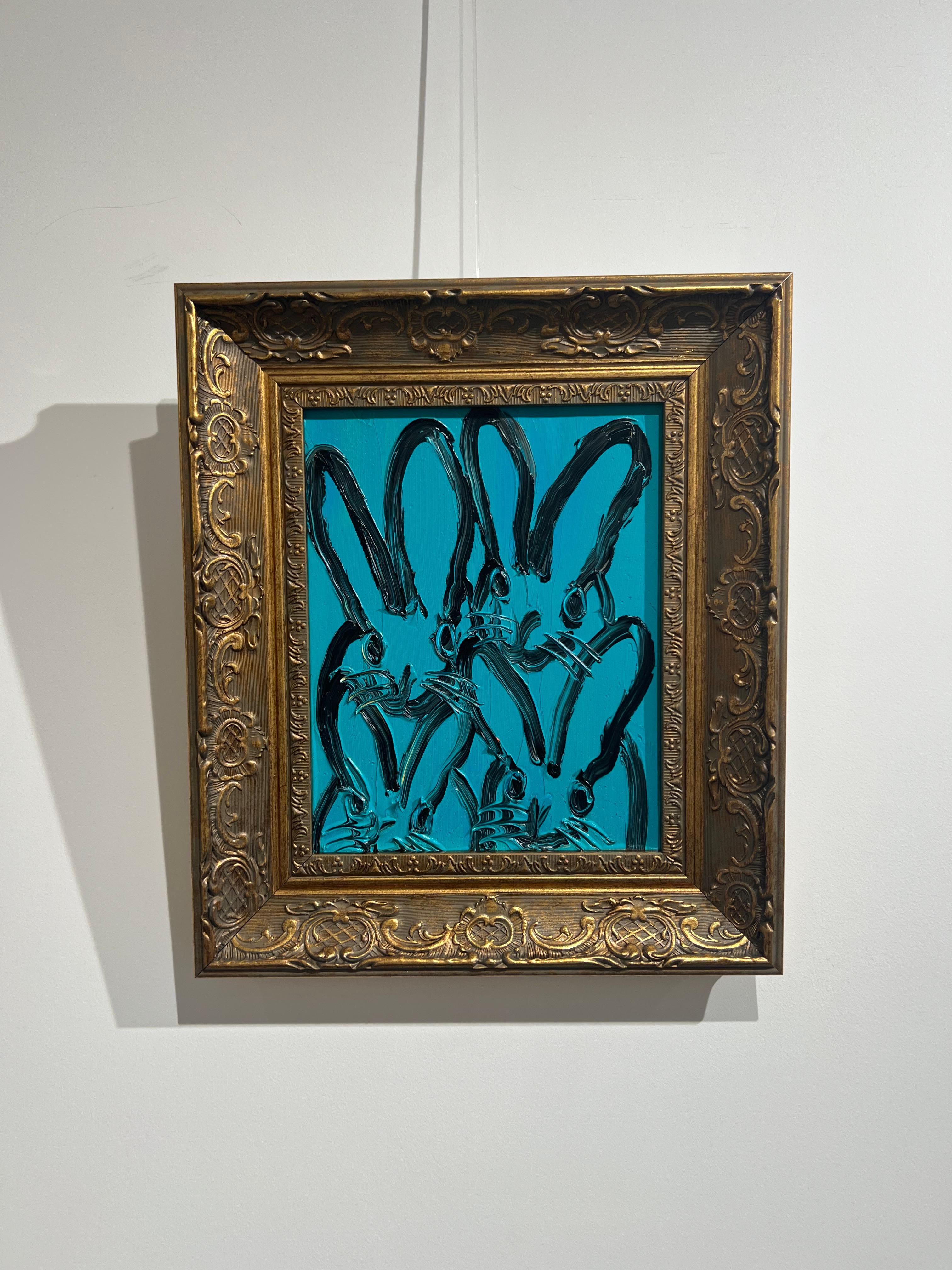Œuvres d'art originales et uniques de Hunt Slonem.
Huile sur bois, quatre lapins.

Le tableau est encadré, comme le montrent les images. Dimensions de l'œuvre avec le cadre : 14.5 x 12.5 inches I 40,64 x 35,56 cm
Signé au verso
Veuillez noter que