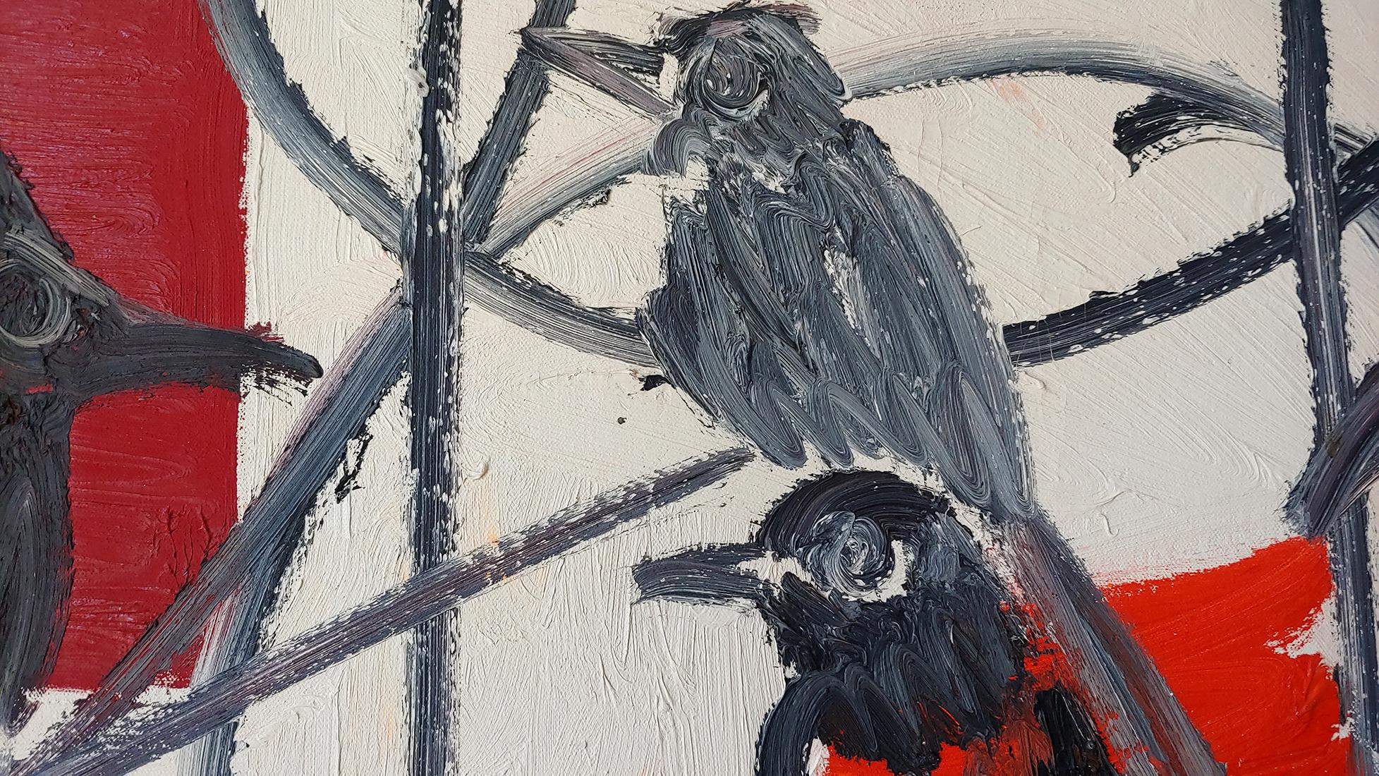 Animal Painting di Hunt Slonem - "Uccelli" Olio su tela di grandi dimensioni 36x46 con cornice.