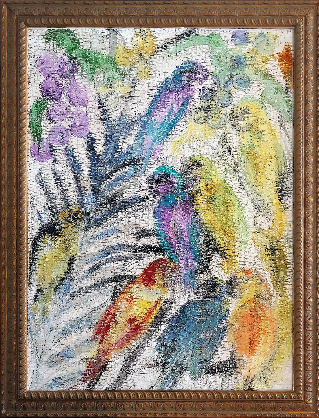 Hunt Slonem Animal Painting - "9 Parrots"  Large Oil on canvas framed size 46x36"
