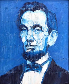 "Abraham Lincoln" (Neo-Expressionist Oil Painting in Blue Background on Canvas)