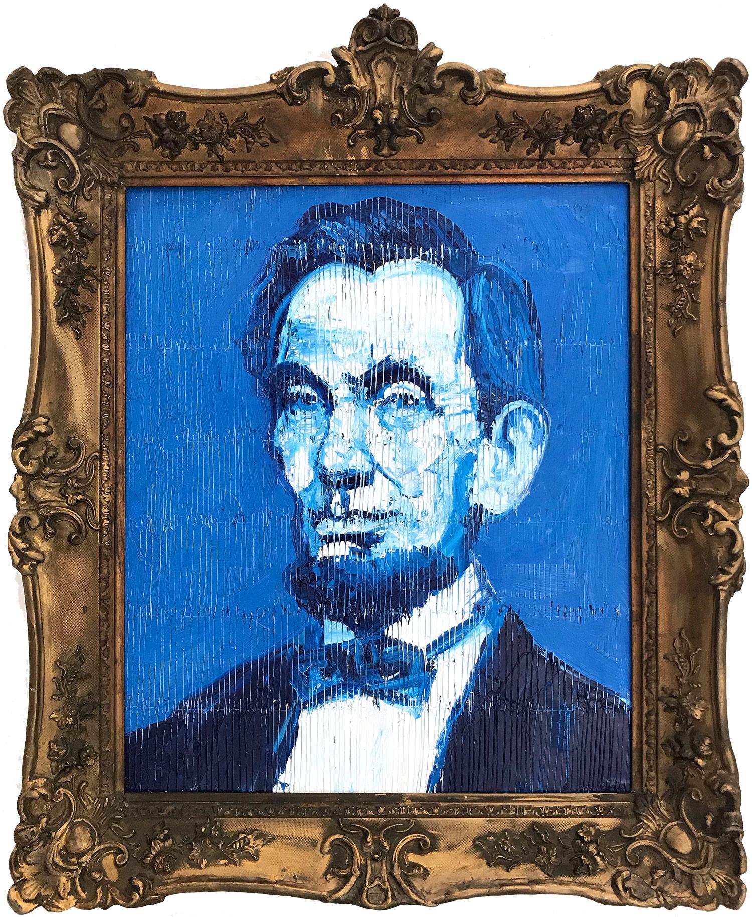 Hunt Slonem Portrait Painting - "Abraham Lincoln" (Neo-Expressionist Oil Painting in Blue Background on Canvas)