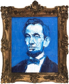 "Abraham Lincoln" (Neo-Expressionist Oil Painting in Blue Background on Canvas)